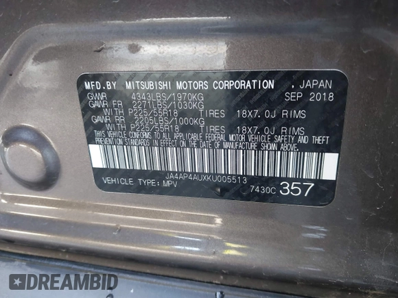 2019 Mitsubishi Outlander Sport SE 2.0 with VIN JA4AP4AUXKU005513, listed as a IAAI auction lot 41353888 with 144,070 mi miles. Bid and sale history available at carsss.com. Image 9.
