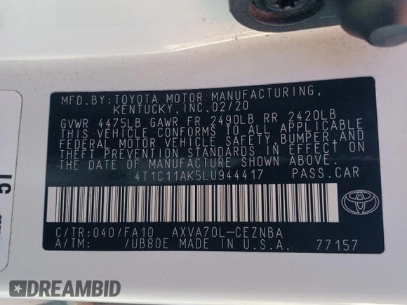 2020 Toyota Camry LE with VIN 4T1C11AK5LU944417, listed as a Copart auction lot 47455145 with 52,562 mi miles and Salvage Title. Bid and sale history available at DreamBid. Image 15.