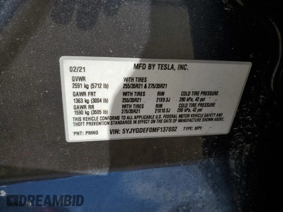 2021 Tesla Model Y Performance with VIN 5YJYGDEF0MF137692, listed as a Copart auction lot 55333395 with 56,325 mi miles and Salvage Title. Bid and sale history available at DreamBid. Image 12.