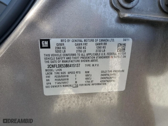 2011 Chevrolet Equinox LT w/1LT with VIN 2CNFLDE53B6415137, listed as a Copart auction lot 43996885 with 92,721 mi miles and Salvage Title. Bid and sale history available at carsss.com. Image 15.