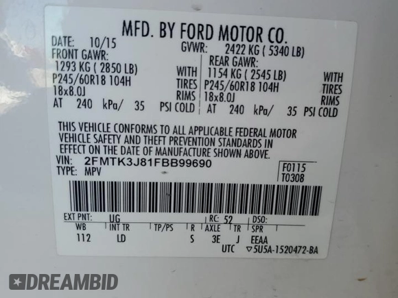 2015 Ford Edge SEL with VIN 2FMTK3J81FBB99690, listed as a Copart auction lot 50425435 with 104,279 mi miles and Salvage Title. Bid and sale history available at carsss.com. Image 15.