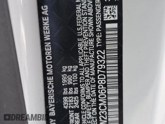 2023 BMW 2 Series 230i with VIN 3MW23CM06P8D79322, listed as a Copart auction lot 72032434 with 7,023 mi miles and Salvage Title. Bid and sale history available at carsss.com. Image 13.