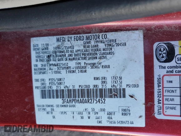 2010 Ford Fusion SE with VIN 3FAHP0HA0AR275452, listed as a Copart auction lot 47017865 with 119,012 mi miles and Clean Title. Bid and sale history available at carsss.com. Image 12.
