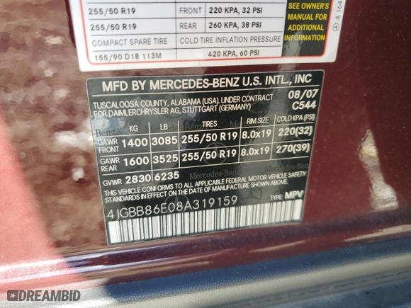 2008 Mercedes-Benz M-Class 3.5L with VIN 4JGBB86E08A319159, listed as a Copart auction lot 42737925 with 107,106 mi miles and Salvage Title. Bid and sale history available at carsss.com. Image 15.