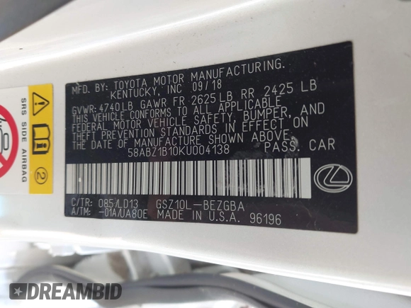 2019 Lexus ES 350 with VIN 58ABZ1B10KU004138, listed as a IAAI auction lot 41859979 with 52,971 mi miles and . Bid and sale history available at DreamBid. Image 9.