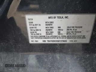 2025 Tesla Model Y Long Range with VIN 7SAYGDED3SF229605, listed as a IAAI auction lot 41726254 with Not Provided miles and . Bid and sale history available at DreamBid. Image 9.