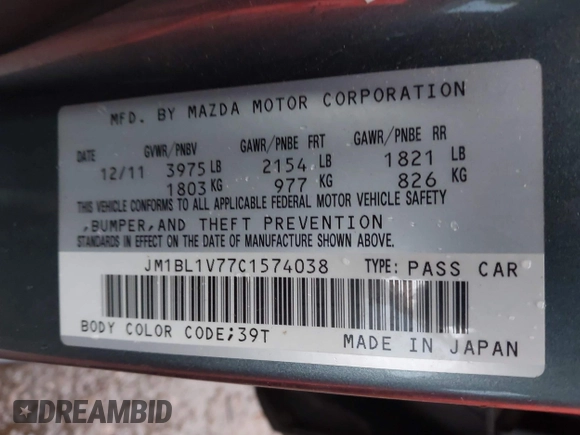 2012 Mazda 3 i Touring with VIN JM1BL1V77C1574038, listed as a IAAI auction lot 41934883 with 172,656 mi miles and . Bid and sale history available at DreamBid. Image 9.