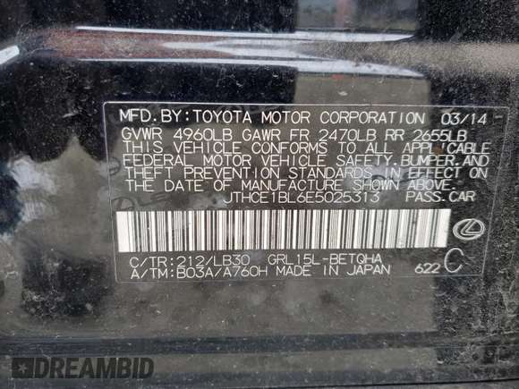 2014 Lexus GS 350 with VIN JTHCE1BL6E5025313, listed as a Copart auction lot 46050295 with 169,269 mi miles and Salvage title. Bid and sale history available at DreamBid. Image 12.