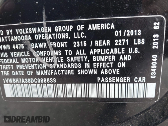 2013 Volkswagen Passat SE with VIN 1VWBH7A38DC088638, listed as a IAAI auction lot 42397459 with 173,025 mi miles and . Bid and sale history available at DreamBid. Image 9.