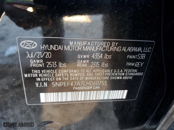 2020 Hyundai Sonata SEL with VIN 5NPEF4JA7LH060755, listed as a Copart auction lot 45765235 with 106,116 mi miles and Salvage Title. Bid and sale history available at carsss.com. Image 12.