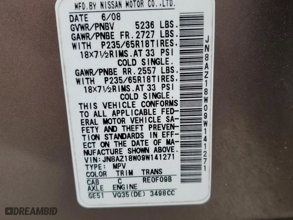 2009 Nissan Murano LE with VIN JN8AZ18W09W141271, listed as a Copart auction lot 70055714 with 208,271 mi miles and Salvage Title. Bid and sale history available at carsss.com. Image 13.