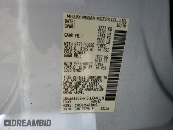 2017 Nissan Titan SL with VIN 1N6AA1E68HN510418, listed as a Copart auction lot 55175085 with 86,158 mi miles and Clean title. Bid and sale history available at DreamBid. Image 12.