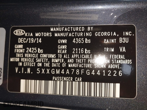 2015 Kia Optima LX with VIN 5XXGM4A78FG441226, listed as a IAAI auction lot 42576517 with 166,212 mi miles and . Bid and sale history available at DreamBid. Image 9.