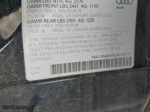 2020 Audi A4 allroad Premium Plus with VIN WA18NAF45LA024517, listed as a Copart auction lot 38195084 with 49,546 mi miles. Bid and sale history available at carsss.com. Image 13.