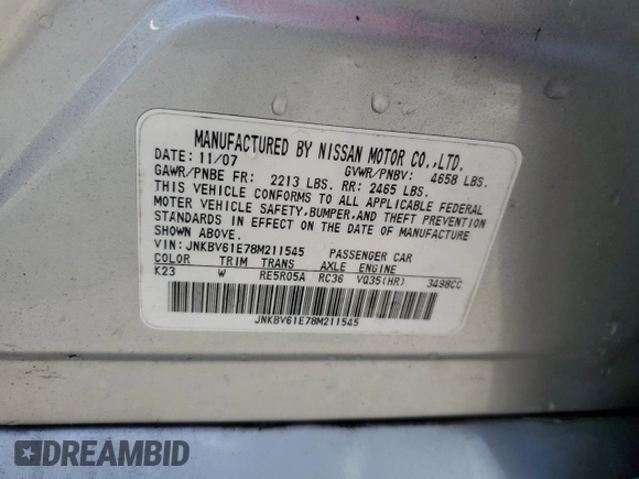 2008 Infiniti G35 Journey with VIN JNKBV61E78M211545, listed as a Copart auction lot 61828845 with Not provided miles and Salvage title. Bid and sale history available at DreamBid. Image 13.