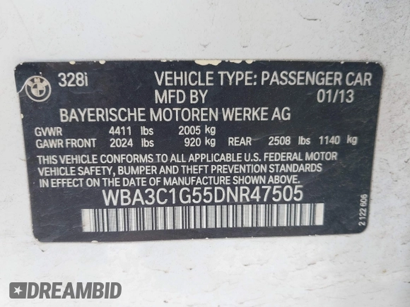 2013 BMW 3 Series 328i with VIN WBA3C1G55DNR47505, listed as a IAAI auction lot 42063459 with 96,494 mi miles. Bid and sale history available at carsss.com. Image 9.