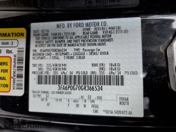 2016 Ford Fusion S with VIN 3FA6P0G70GR366534, listed as a Copart auction lot 88319265 with 61,244 mi miles and Salvage Title. Bid and sale history available at carsss.com. Image 12.
