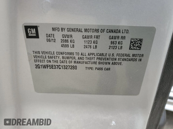 2012 Chevrolet Impala LS Fleet with VIN 2G1WF5E37C1327280, listed as a Copart auction lot 59036775 with 135,310 mi miles and Salvage title. Bid and sale history available at DreamBid. Image 12.