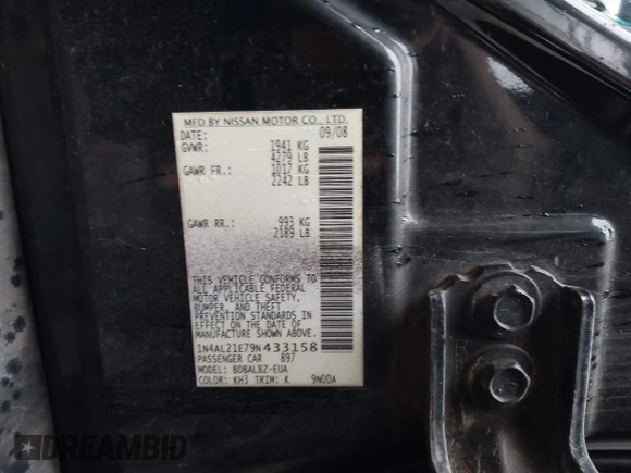2009 Nissan Altima S with VIN 1N4AL21E79N433158, listed as a IAAI auction lot 41466805 with 231,745 mi miles and . Bid and sale history available at DreamBid. Image 9.