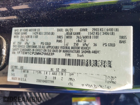 2021 Ford F-150 XL z VIN 1FTEW1CP2MKD90239, wystawiony jako IAAI lot #42342376 z przebiegiem 78 025 mil mil oraz . Historia ofert i sprzedaży dostępna na DreamBid. Obrazek 9.