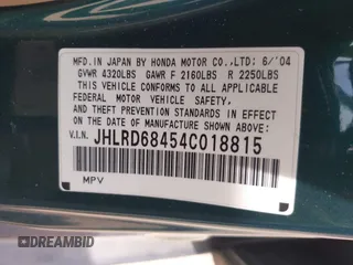 2004 Honda CR-V LX with VIN JHLRD68454C018815, listed as a IAAI auction lot 42077724 with 162,107 mi miles and . Bid and sale history available at carsss.com. Image 9.