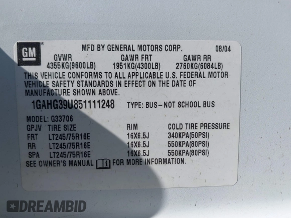 2005 Chevrolet Express Passenger with VIN 1GAHG39U851111248, listed as a IAAI auction lot 42158825 with 121,288 mi miles and . Bid and sale history available at DreamBid. Image 9.