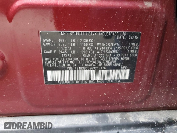2016 Subaru Outback Premium with VIN 4S4BSBCC3G3213176, listed as a Copart auction lot 56014745 with 116,830 mi miles and Salvage title. Bid and sale history available at DreamBid. Image 13.