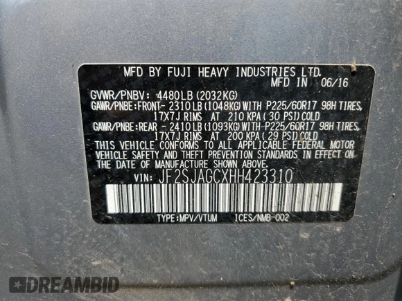 2017 Subaru Forester Premium with VIN JF2SJAGCXHH423310, listed as a Copart auction lot 52632473 with 0 mi miles. Bid and sale history available at carsss.com. Image 14.