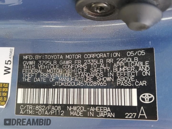 2005 Toyota Prius z VIN JTDKB20U457028965, wystawiony jako Copart lot #57987625 z przebiegiem Nie podano mil oraz Szkoda całkowita • Salvage title. Historia ofert i sprzedaży dostępna na DreamBid. Obrazek 12.
