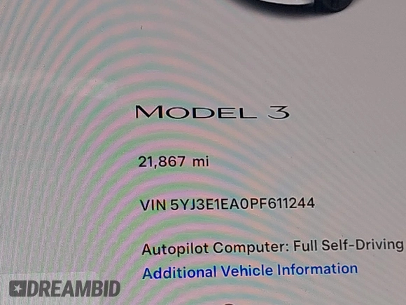 2023 Tesla Model 3 z VIN 5YJ3E1EA0PF611244, wystawiony jako IAAI lot #41455102 z przebiegiem 21 867 mil mil oraz . Historia ofert i sprzedaży dostępna na DreamBid. Obrazek 16.