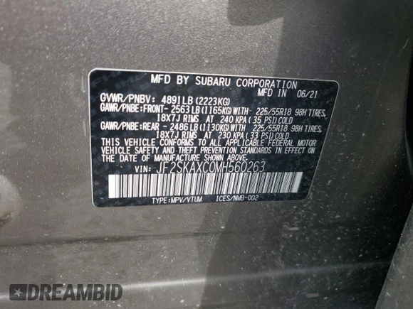 2021 Subaru Forester Touring z VIN JF2SKAXC0MH560263, wystawiony jako Copart lot #61453195 z przebiegiem Nie podano mil oraz Szkoda całkowita • Salvage title. Historia ofert i sprzedaży dostępna na DreamBid. Obrazek 13.