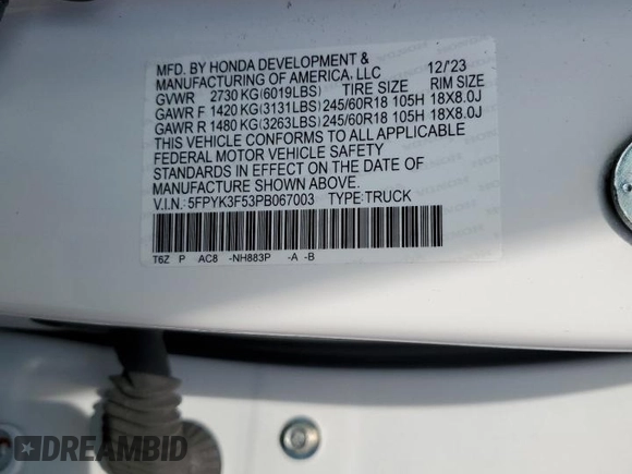 2023 Honda Ridgeline RTL with VIN 5FPYK3F53PB067003, listed as a Copart auction lot 58384895 with 31,983 mi miles and Salvage title. Bid and sale history available at DreamBid. Image 12.