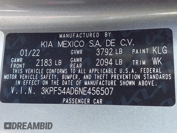 2022 Kia Forte GT-Line with VIN 3KPF54AD6NE456507, listed as a IAAI auction lot 41940234 with 26,156 mi miles. Bid and sale history available at carsss.com. Image 9.
