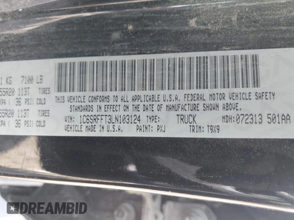 2020 Ram 1500 Big Horn with VIN 1C6SRFFT3LN103124, listed as a IAAI auction lot 42452220 with 122,285 mi miles and . Bid and sale history available at DreamBid. Image 9.