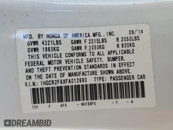 2015 Honda Accord EX-L with VIN 1HGCR2F8XFA012690, listed as a Copart auction lot 57236015 with 62,606 mi miles and Non repairable. Bid and sale history available at DreamBid. Image 13.