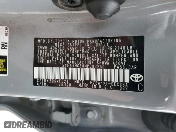 2021 Toyota Corolla SE with VIN 5YFS4MCE8MP083250, listed as a Copart auction lot 51292455 with 80,974 mi miles and Salvage Title. Bid and sale history available at carsss.com. Image 14.