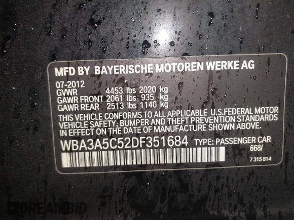 2013 BMW 3 Series 328i with VIN WBA3A5C52DF351684, listed as a IAAI auction lot 41253909 with 177,368 mi miles. Bid and sale history available at carsss.com. Image 9.