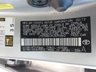 2012 Toyota Prius Two with VIN JTDZN3EU9C3095862, listed as a IAAI auction lot 41676871 with 120,062 mi miles and . Bid and sale history available at DreamBid. Image 9.