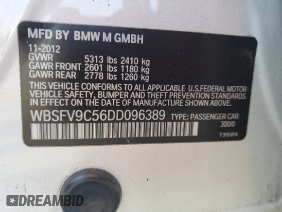 2013 BMW M5 with VIN WBSFV9C56DD096389, listed as a Copart auction lot 44951815 with 123,256 mi miles and Salvage Title. Bid and sale history available at carsss.com. Image 12.
