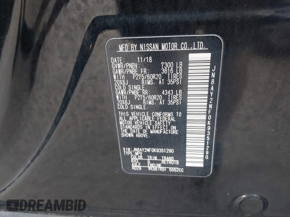 2019 Nissan Armada Platinum z VIN JN8AY2NF0K9351290, wystawiony jako IAAI lot #41234737 z przebiegiem 118 737 mil mil oraz . Historia ofert i sprzedaży dostępna na DreamBid. Obrazek 9.