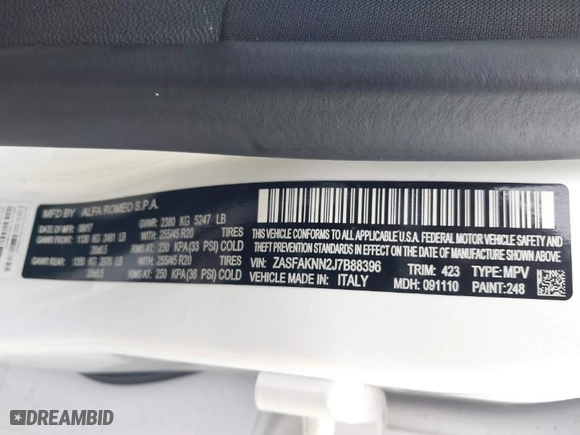 2018 Alfa Romeo Stelvio Ti Sport with VIN ZASFAKNN2J7B88396, listed as a IAAI auction lot 41446139 with 1 mi miles. Bid and sale history available at carsss.com. Image 9.