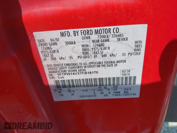 2007 Ford F-150 XLT с VIN 1FTPW14VX7FB18170, выставлен на аукционе IAAI как лот 42576769 с пробегом 294 725 миль миль и . История ставок и продаж доступна на DreamBid. Изображение 9.