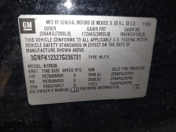2007 Chevrolet Avalanche LTZ with VIN 3GNFK12327G236731, listed as a IAAI auction lot 41707271 with 243,088 mi miles. Bid and sale history available at carsss.com. Image 9.