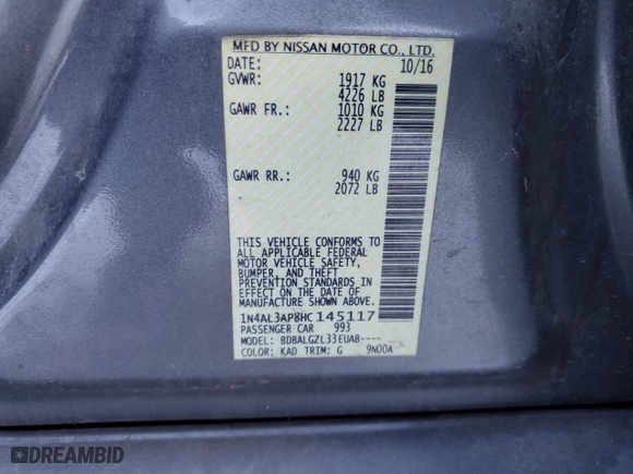 2017 Nissan Altima 2.5 SR with VIN 1N4AL3AP8HC145117, listed as a Copart auction lot 89402285 with 57,665 mi miles and Clean Title. Bid and sale history available at carsss.com. Image 12.