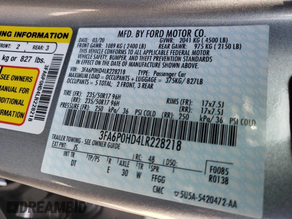 2020 Ford Fusion SE with VIN 3FA6P0HD4LR228218, listed as a Copart auction lot 60694665 with 32,060 mi miles and Non repairable. Bid and sale history available at DreamBid. Image 12.