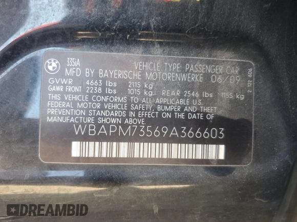 2009 BMW 3 Series 335i с VIN WBAPM73569A366603, выставлен на аукционе Copart как лот 85490334 с пробегом 180 502 миль миль и Списание • Salvage title. История ставок и продаж доступна на DreamBid. Изображение 12.