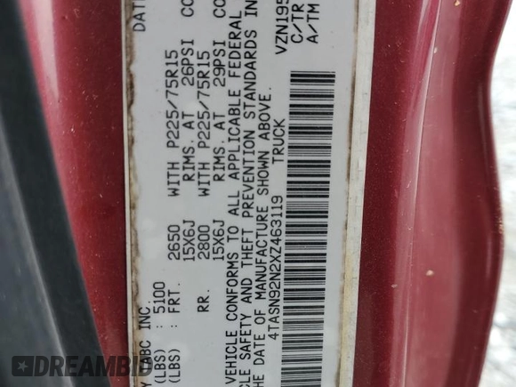 1999 Toyota Tacoma PreRunner with VIN 4TASN92N2XZ463119, listed as a Copart auction lot 59575775 with 172,223 mi miles and Salvage title. Bid and sale history available at DreamBid. Image 12.