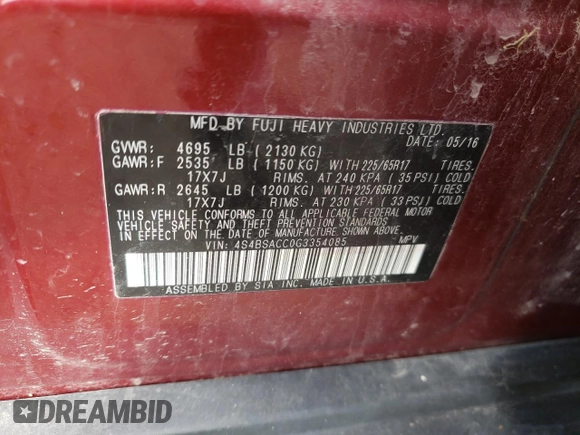 2016 Subaru Outback Premium with VIN 4S4BSACC0G3354085, listed as a Copart auction lot 53828035 with 99,414 mi miles and Clean title. Bid and sale history available at DreamBid. Image 13.