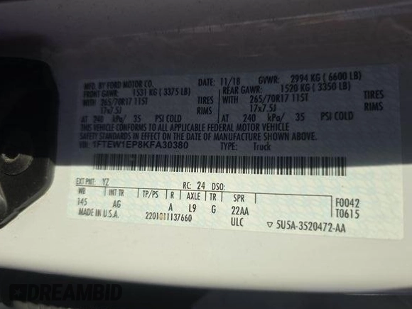 2019 Ford F-150 XL with VIN 1FTEW1EP8KFA30380, listed as a IAAI auction lot 42239943 with 13,423 mi miles and . Bid and sale history available at DreamBid. Image 1.
