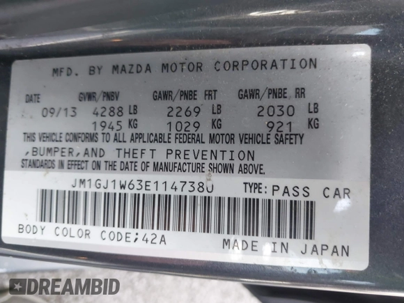 2014 Mazda 6 i Grand Touring with VIN JM1GJ1W63E1147380, listed as a IAAI auction lot 41928637 with 140,091 mi miles and . Bid and sale history available at DreamBid. Image 9.
